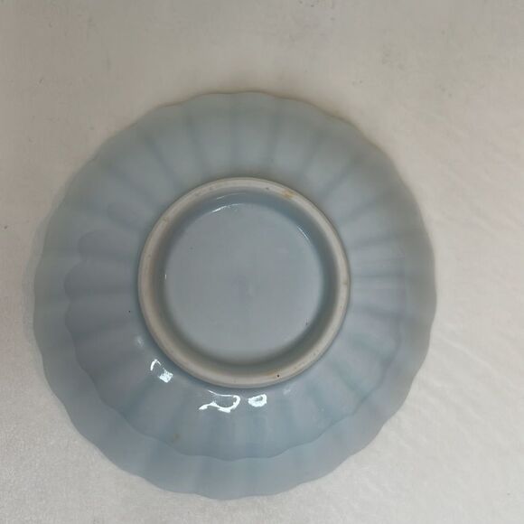 Porcelain Bowl 4 3/4 In Round 1 3/4 In Tall Vintage Sea Stripe Blue Green Ribbed - Picture 5 of 8